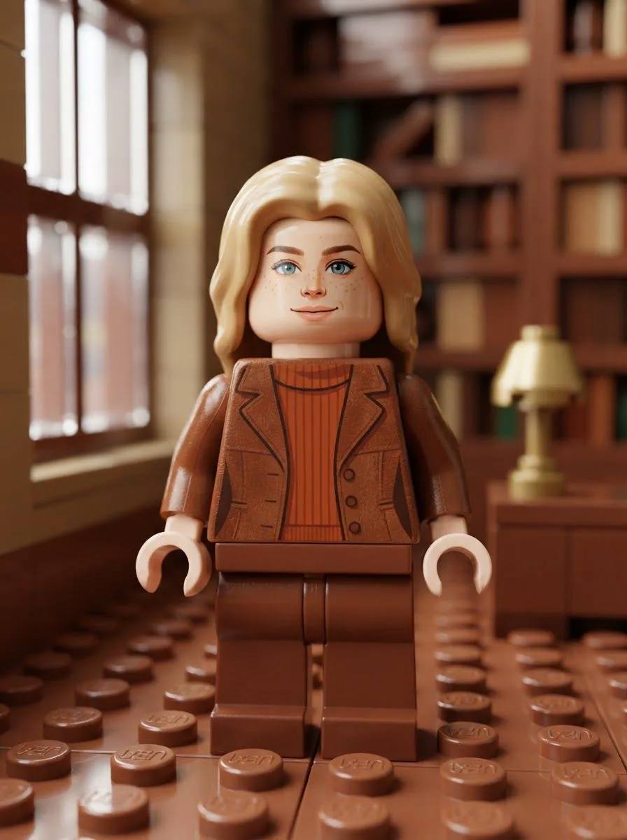 The woman rebuilt as a toy-brick figure beside a library window