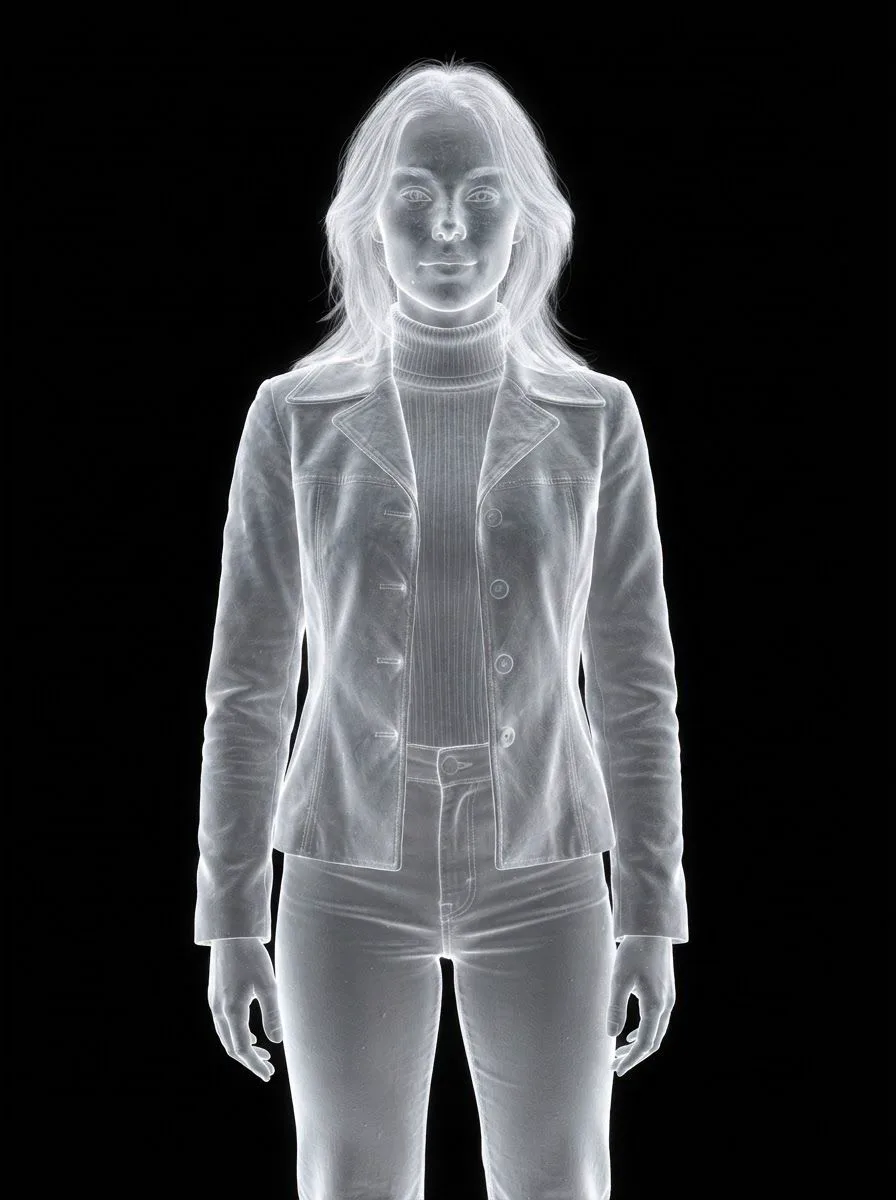 The woman as a glowing white figure on black, like an electron microscope image