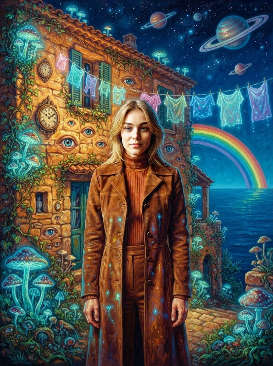 The woman in front of a glowing surreal house with ringed planets and a rainbow over the sea