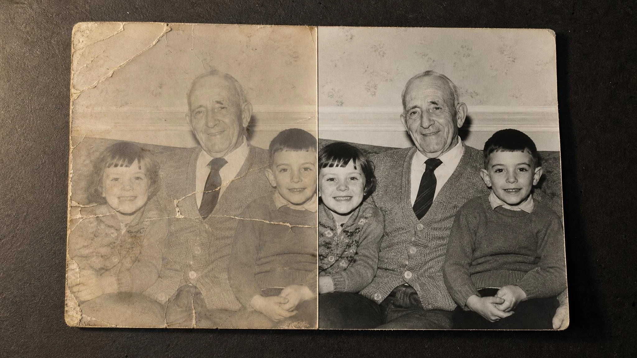 A damaged family photograph on the left and the same photograph restored on the right