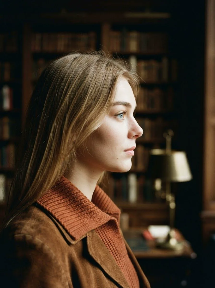 The woman in side profile beside a brass reading lamp